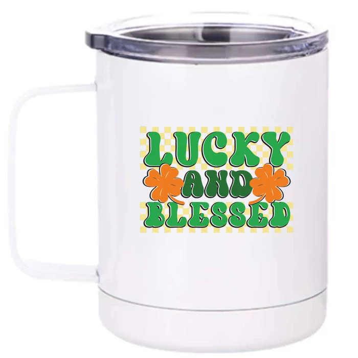 Retro Groovy Lucky Just Blessed Leopard Shamrock St Patrick Day Irish Front & Back 12oz Stainless Steel Tumbler Cup