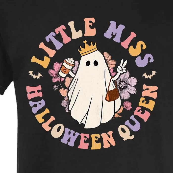 Retro Groovy Little Miss Halloween Queen Hippie Floral Ghost Garment-Dyed Heavyweight T-Shirt