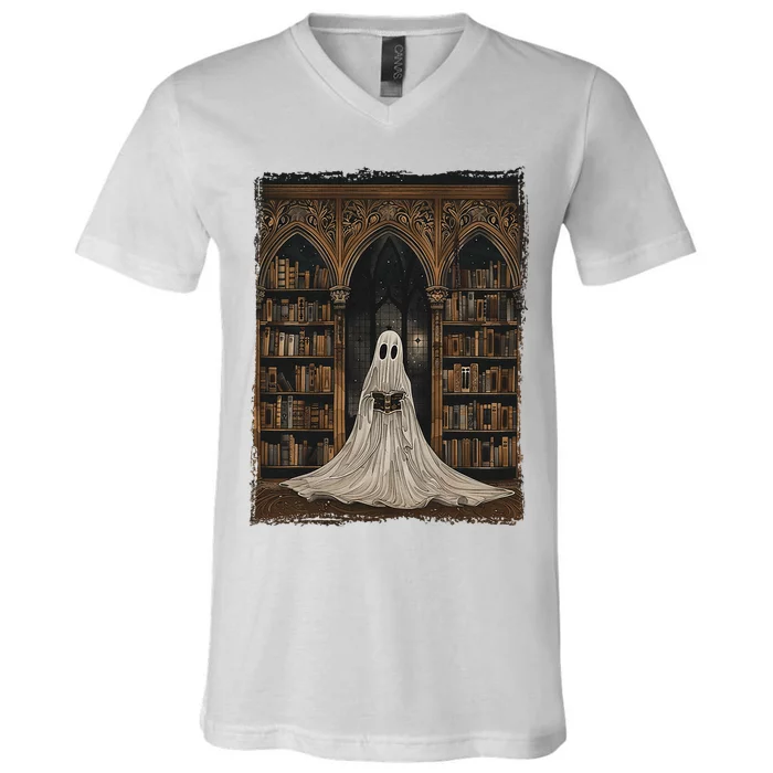 Reading Ghost Library Halloween Librarian Book Lovers V-Neck T-Shirt