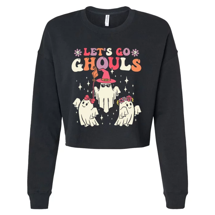 Retro Groovy Let's Go Ghouls Halloween Ghost Outfit Costume Cropped Pullover Crew