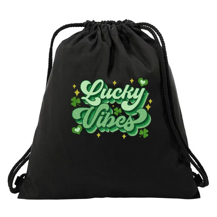 Retro Groovy Lucky Vibes Funny St. Patrick's Day Clothes Drawstring Bag