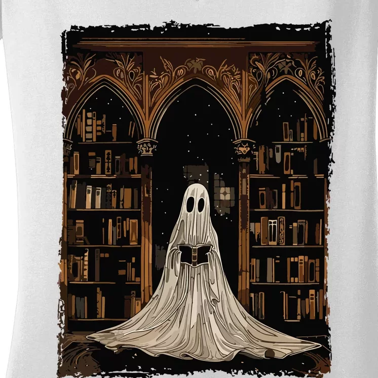 Reading Ghost Library Halloween Librarian Book Lovers Women Women's V-Neck T-Shirt