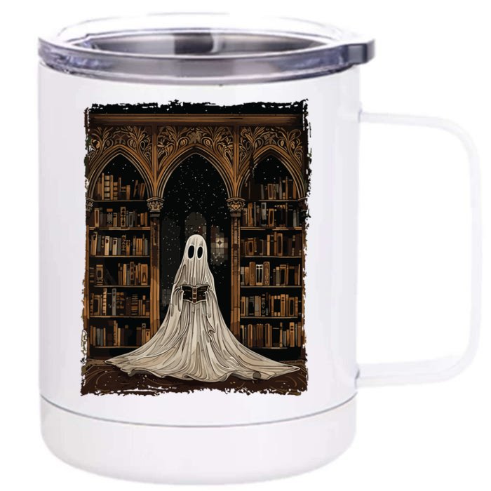 Reading Ghost Library Halloween Librarian Book Lovers Women Front & Back 12oz Stainless Steel Tumbler Cup