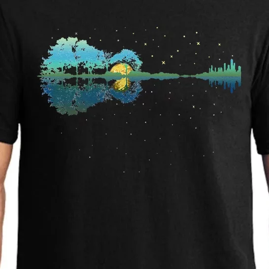 retro Guitar Lake Reflections Night Sky and Moon Pajama Set