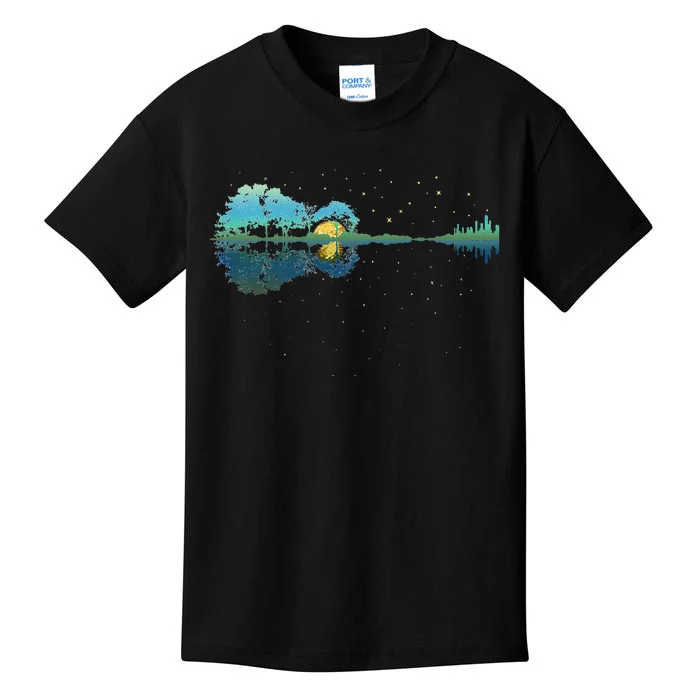 retro Guitar Lake Reflections Night Sky and Moon Kids T-Shirt