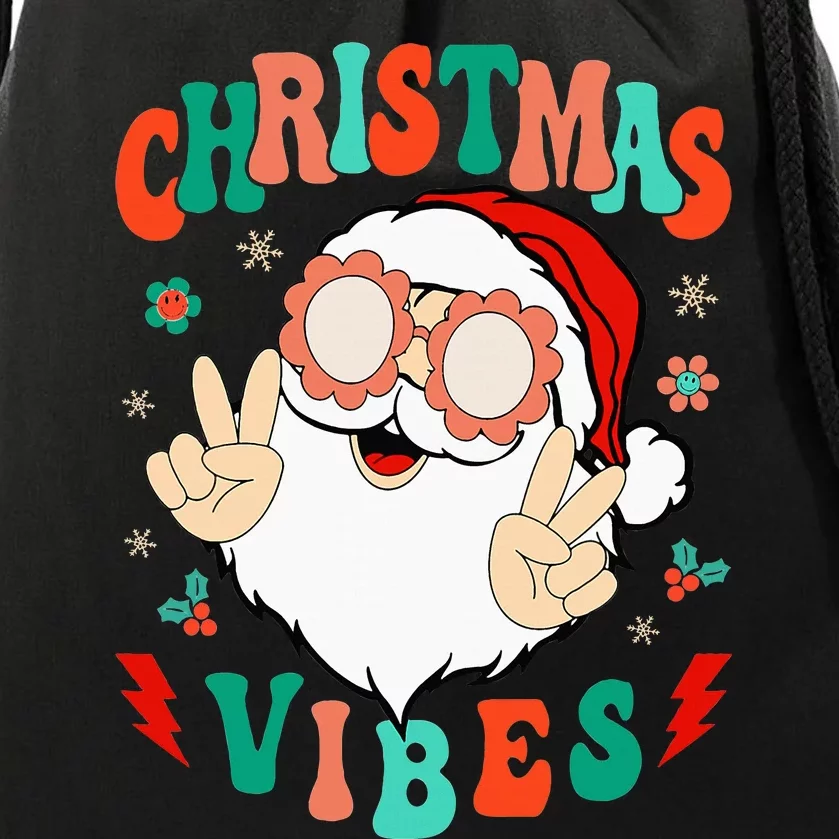 Retro Groovy Merry Christmas Vibes Hippie Santa Claus Drawstring Bag