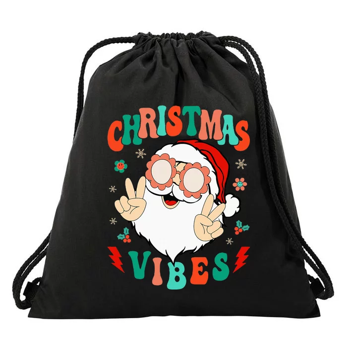 Retro Groovy Merry Christmas Vibes Hippie Santa Claus Drawstring Bag