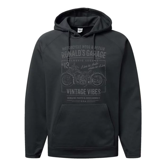 RonaldS Garage Motorcycle Design For The Name Ronald Performance Fleece Hoodie