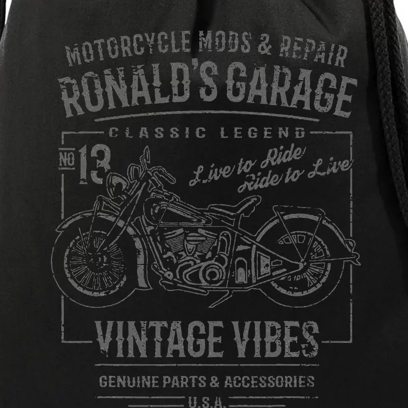 RonaldS Garage Motorcycle Design For The Name Ronald Drawstring Bag