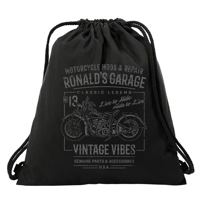 RonaldS Garage Motorcycle Design For The Name Ronald Drawstring Bag