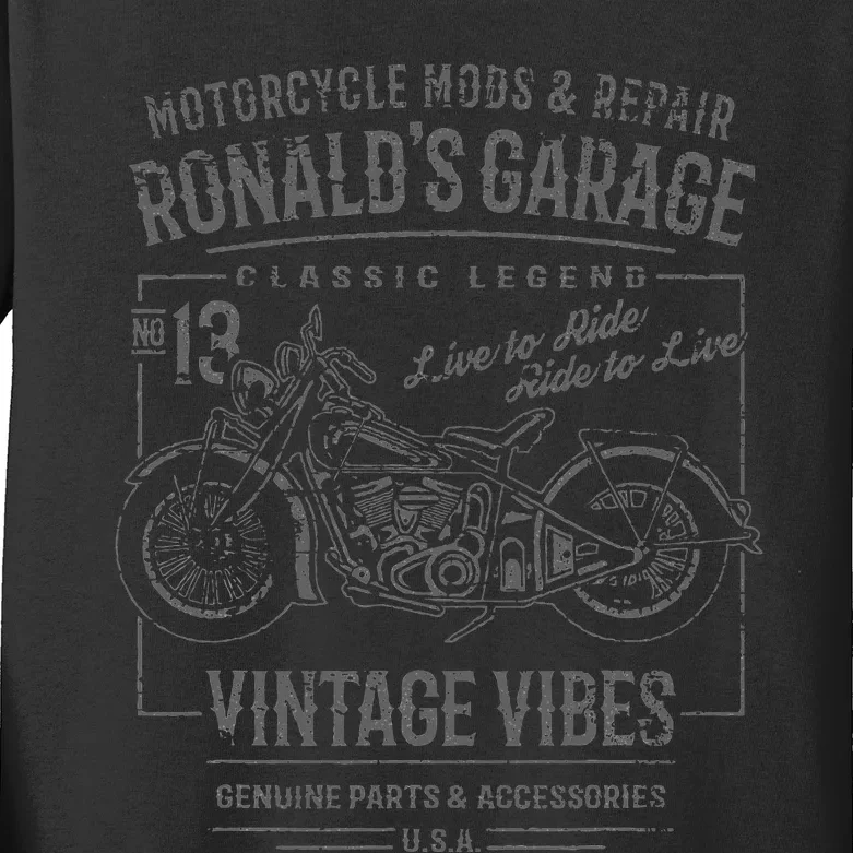 RonaldS Garage Motorcycle Design For The Name Ronald Kids Long Sleeve Shirt