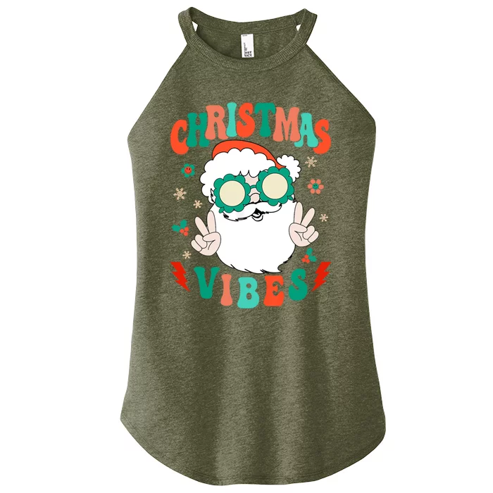 Retro Groovy Merry Christmas Vibes Funny Santa Claus Holiday Women’s Perfect Tri Rocker Tank