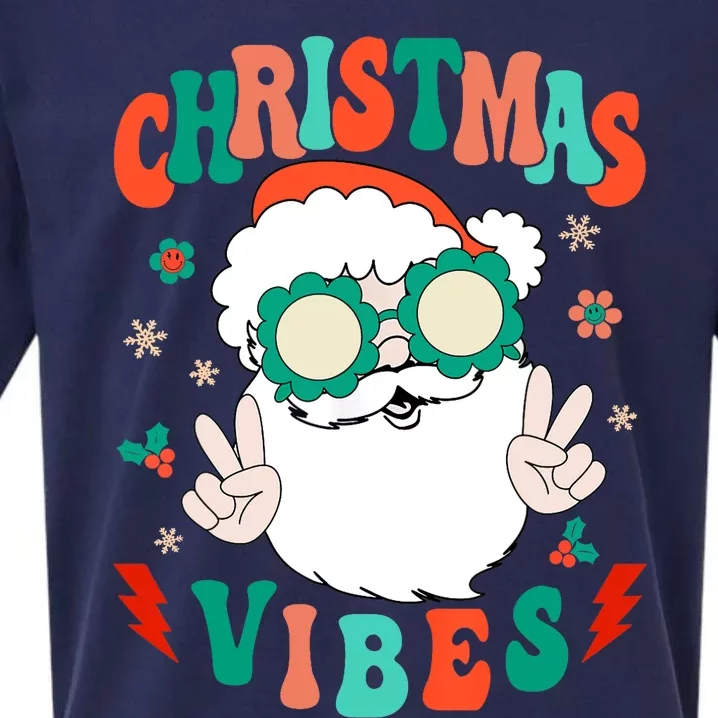 Retro Groovy Merry Christmas Vibes Funny Santa Claus Holiday Sueded Cloud Jersey T-Shirt