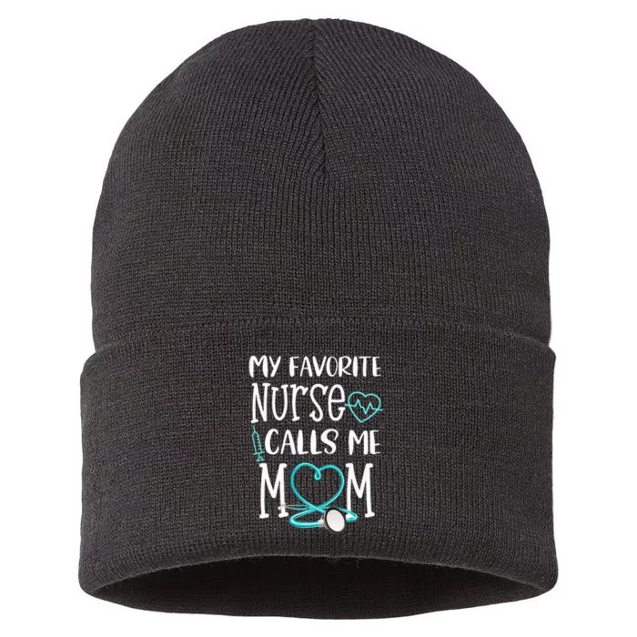 RN Gift My Favorite Nurse Calls Me Mom Quote Teal Sustainable Knit Beanie