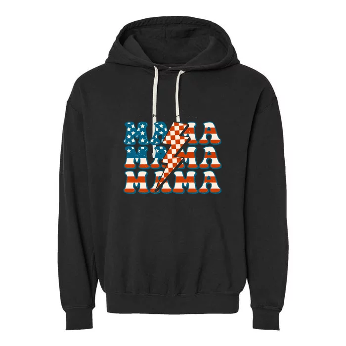 Retro Groovy Mama American 4th Of July Patriotic Mom Womens Gift Garment-Dyed Fleece Hoodie