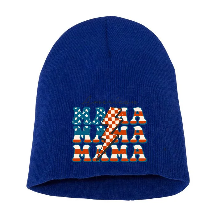 Retro Groovy Mama American 4th Of July Patriotic Mom Womens Gift Short Acrylic Beanie