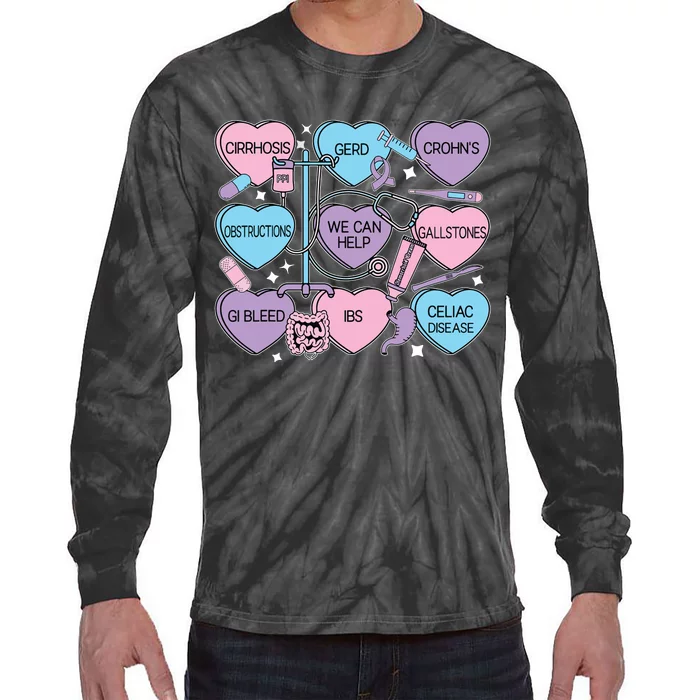 Retro Gi Nurse Gastroenterology Candy Heart Valentines Day Tie-Dye Long Sleeve Shirt