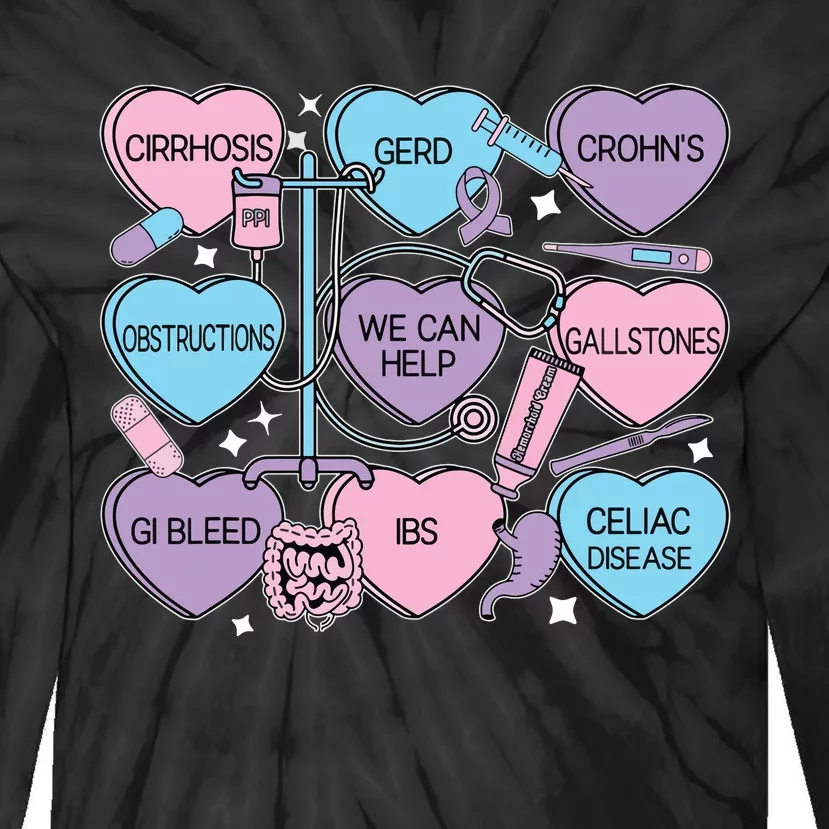 Retro Gi Nurse Gastroenterology Candy Heart Valentines Day Tie-Dye Long Sleeve Shirt