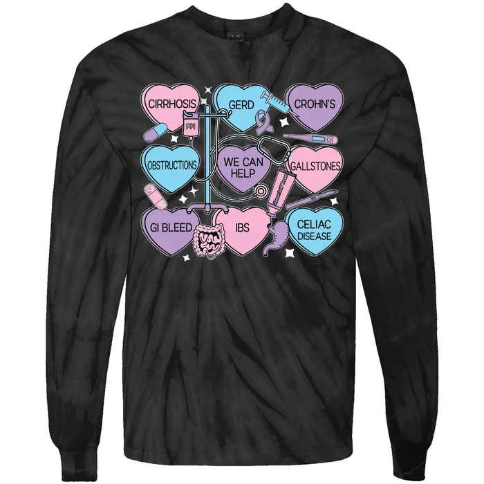 Retro Gi Nurse Gastroenterology Candy Heart Valentines Day Tie-Dye Long Sleeve Shirt