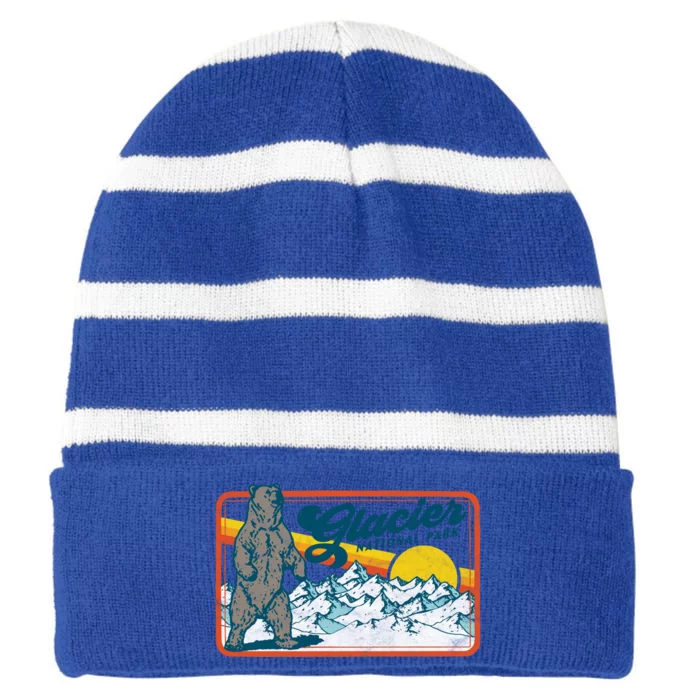 Retro Glacier National Park 80S Bear Graphic 80s Gift Striped Beanie with Solid Band