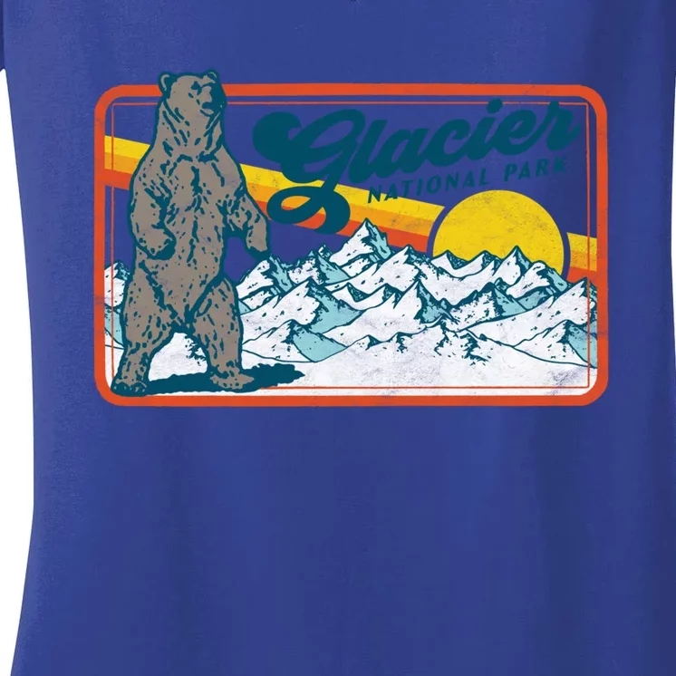 Retro Glacier National Park 80S Bear Graphic 80s Gift Women's V-Neck T-Shirt