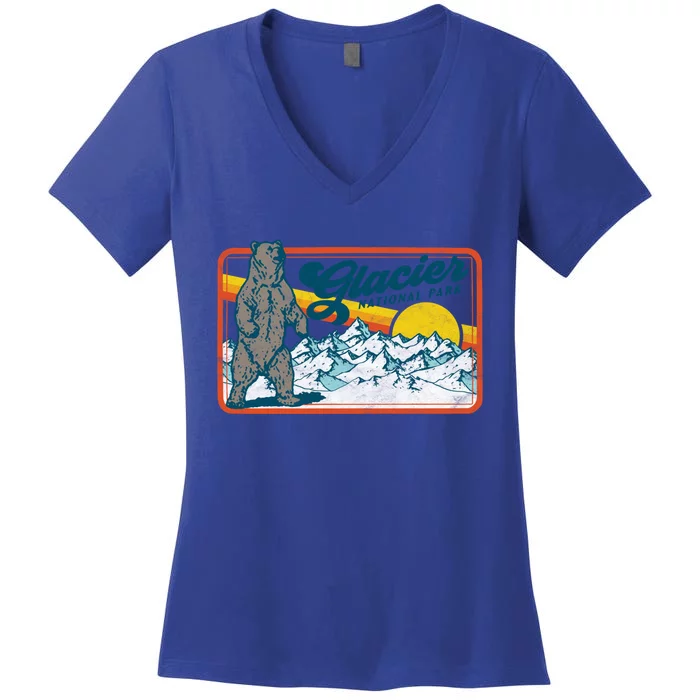 Retro Glacier National Park 80S Bear Graphic 80s Gift Women's V-Neck T-Shirt