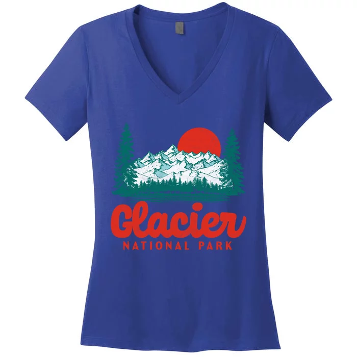 Retro Glacier National Park 80S Mountain Graphic Gift Women's V-Neck T-Shirt