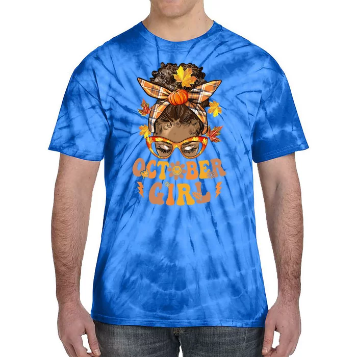 Retro Groovy October Messy Bun Halloween Thanksgiving Tie-Dye T-Shirt