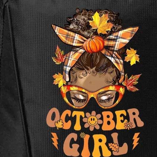 Retro Groovy October Girl Messy Bun Halloween Thanksgiving City Backpack