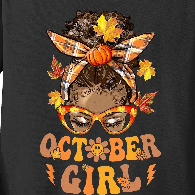 Retro Groovy October Girl Messy Bun Halloween Thanksgiving Kids Long Sleeve Shirt