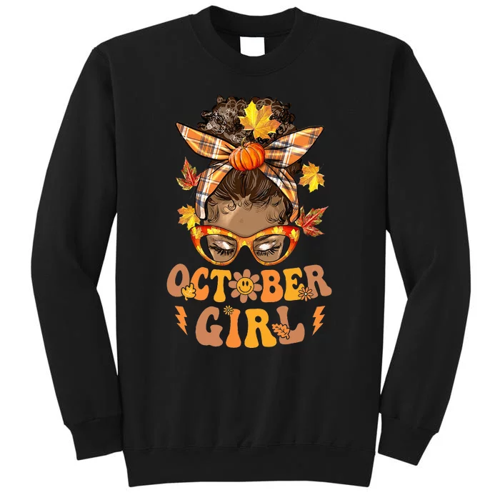 Retro Groovy October Messy Bun Halloween Thanksgiving Tall Sweatshirt