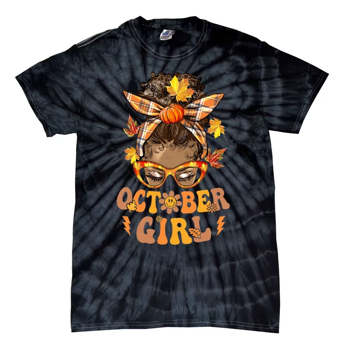 Retro Groovy October Messy Bun Halloween Thanksgiving Tie-Dye T-Shirt