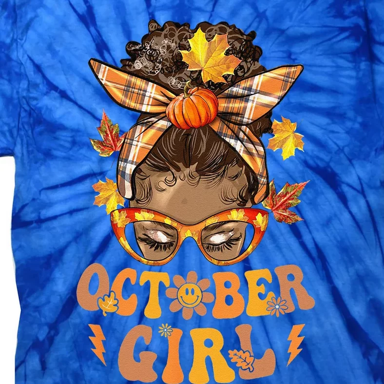 Retro Groovy October Messy Bun Halloween Thanksgiving Tie-Dye T-Shirt