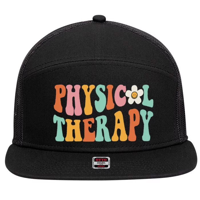 Retro Groovy Physical Therapy Physical Therapist PT Month 7 Panel Mesh Trucker Snapback Hat