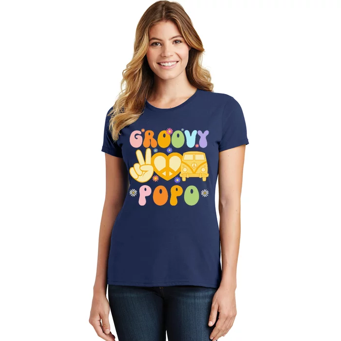 Retro Groovy Popo Grandpa Peace Sign Daisy Flower Father Day Women's T-Shirt