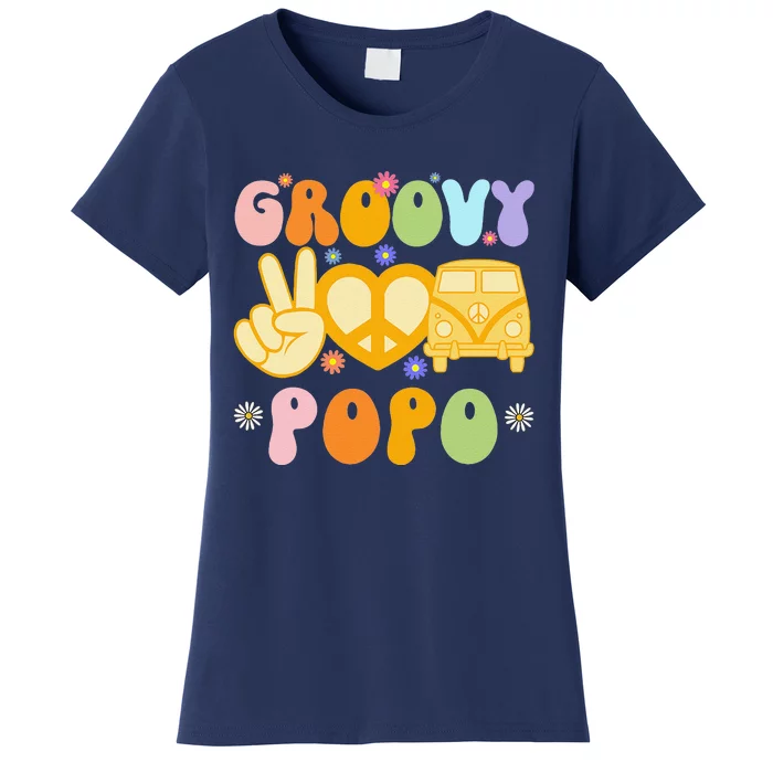 Retro Groovy Popo Grandpa Peace Sign Daisy Flower Father Day Women's T-Shirt