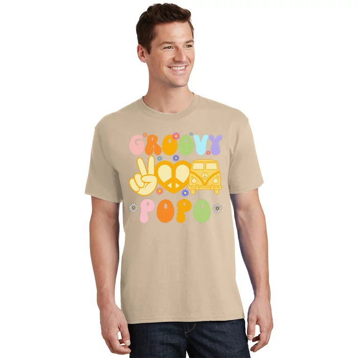 Retro Groovy Popo Grandpa Peace Sign Daisy Flower Father Day T-Shirt