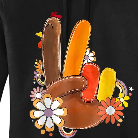 Retro Groovy Peace Turkey Grateful Hand Sign Thanksgiving Women's Pullover Hoodie