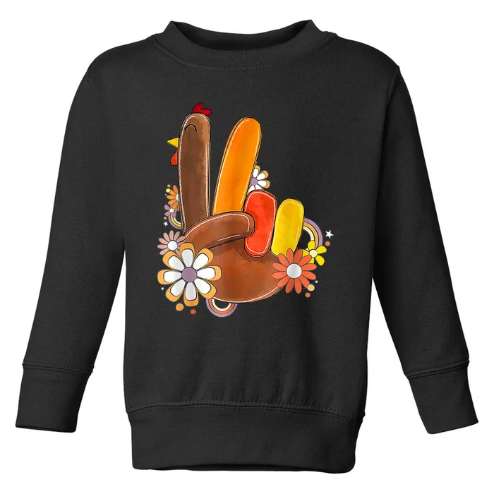 Retro Groovy Peace Turkey Grateful Hand Sign Thanksgiving Toddler Sweatshirt