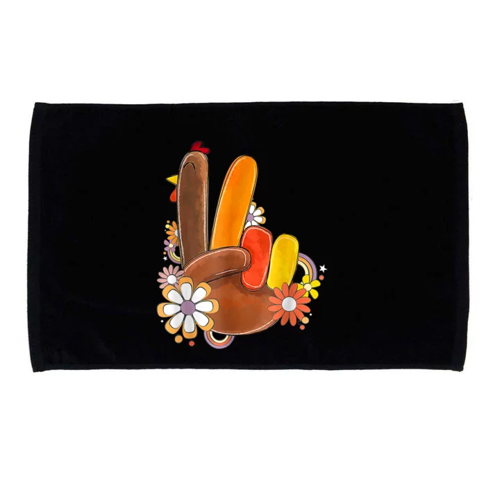 Retro Groovy Peace Turkey Grateful Hand Sign Thanksgiving Microfiber Hand Towel