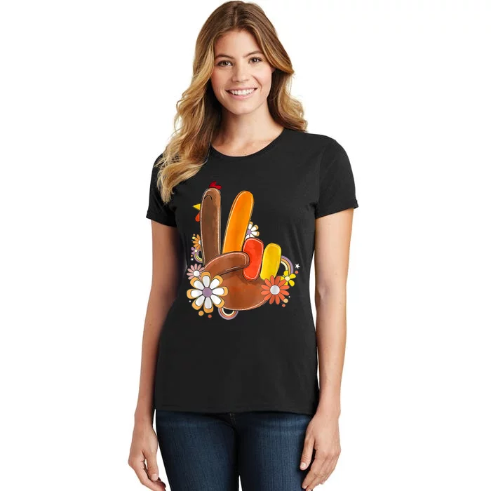 Retro Groovy Peace Turkey Grateful Hand Sign Thanksgiving Women's T-Shirt