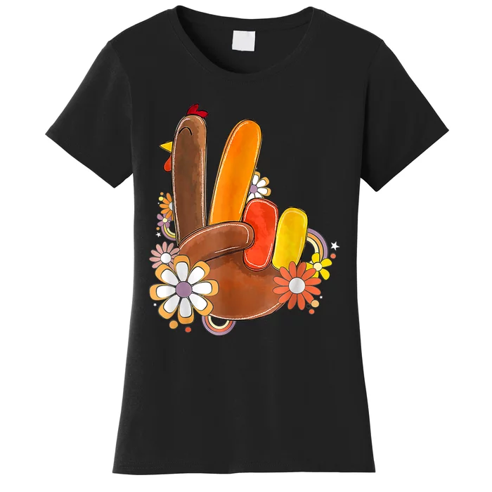 Retro Groovy Peace Turkey Grateful Hand Sign Thanksgiving Women's T-Shirt