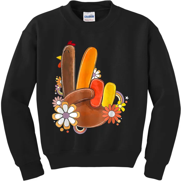 Retro Groovy Peace Turkey Grateful Hand Sign Thanksgiving Kids Sweatshirt