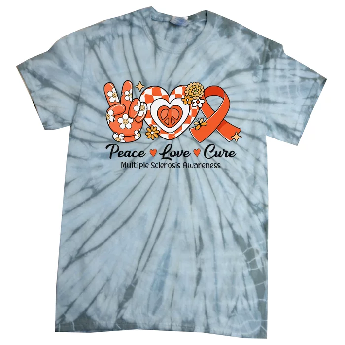 Retro Groovy Peace Love Cure Multiple Sclerosis Awareness Tie-Dye T-Shirt