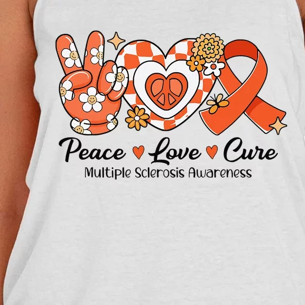 Retro Groovy Peace Love Cure Multiple Sclerosis Awareness Women's Knotted Racerback Tank