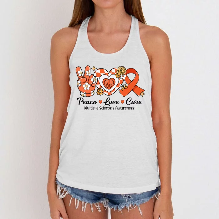 Retro Groovy Peace Love Cure Multiple Sclerosis Awareness Women's Knotted Racerback Tank