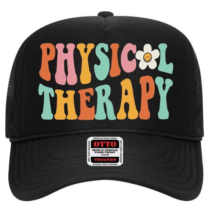 Retro Groovy Physical Therapy Physical Therapist PT Month High Crown Mesh Trucker Hat