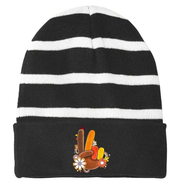 Retro Groovy Peace Turkey Grateful Hand Sign Thanksgiving Striped Beanie with Solid Band