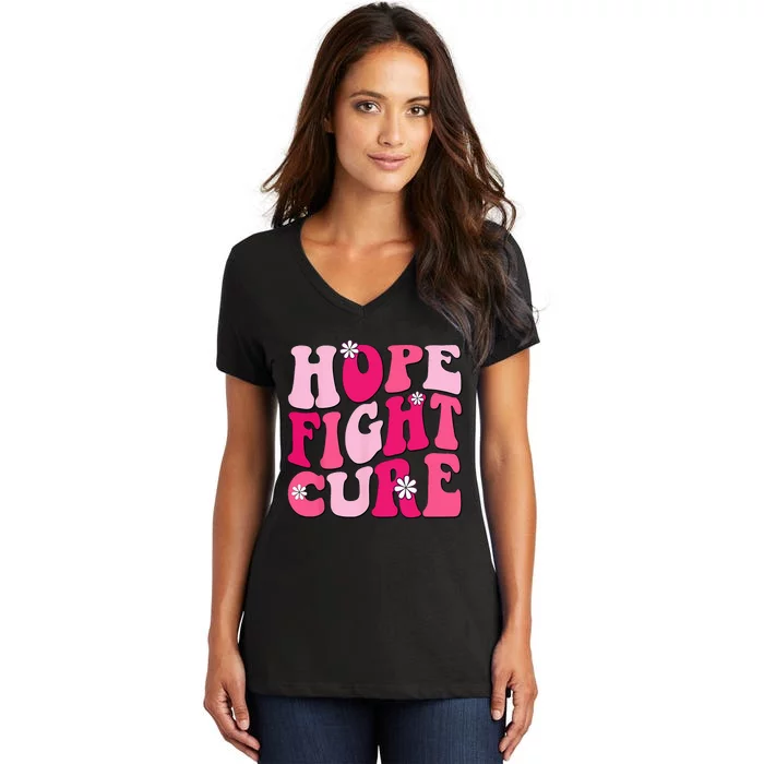 Retro Groovy Pink Hope Fight Cure Breast Cancer Awareness Women's V-Neck T-Shirt