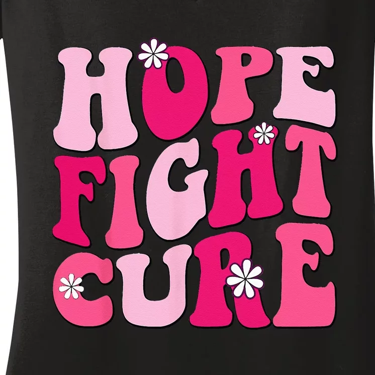 Retro Groovy Pink Hope Fight Cure Breast Cancer Awareness Women's V-Neck T-Shirt